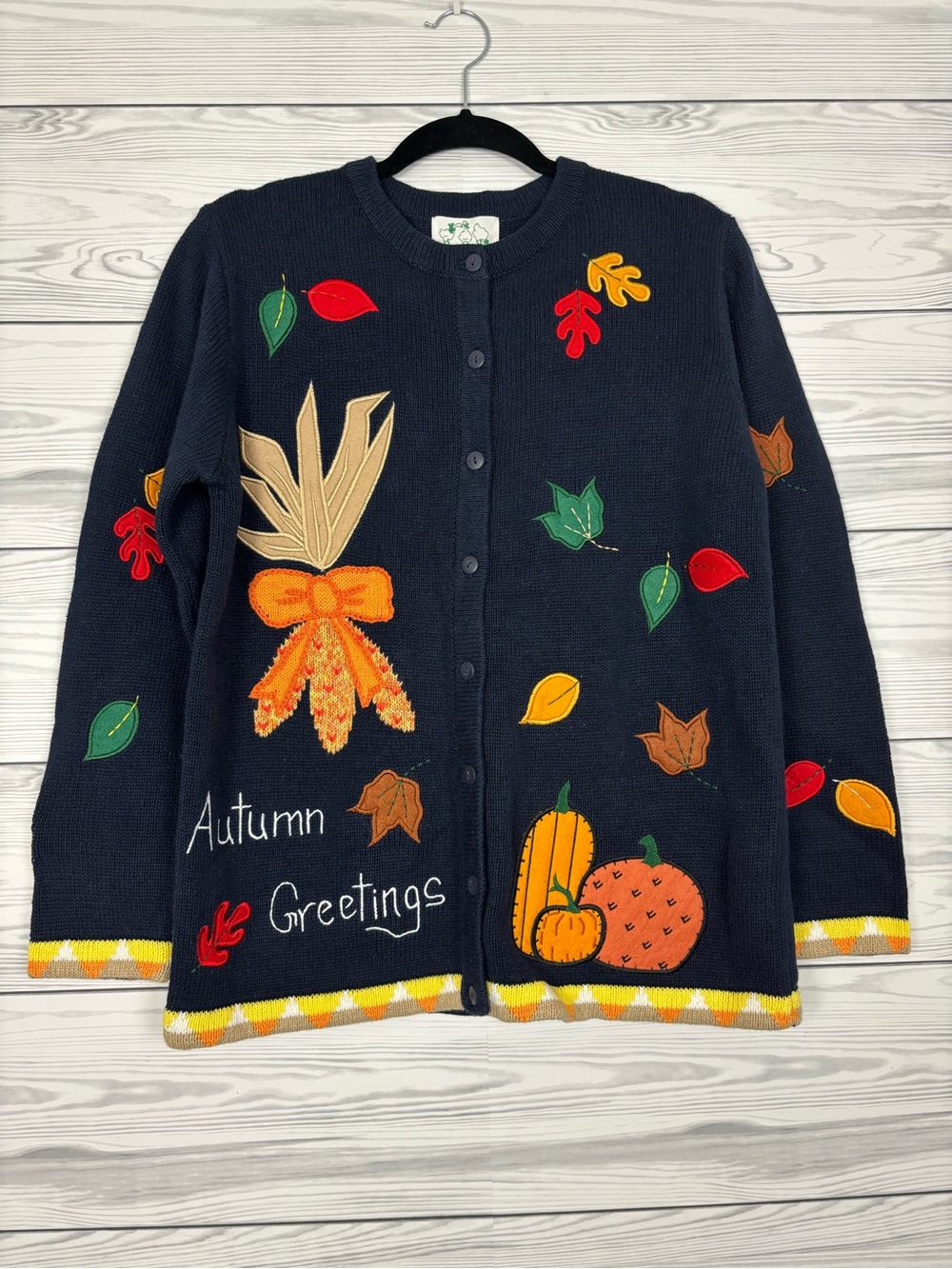 The Quacker Factory Fall Halloween pumpkin navy blue cardigan small NWT